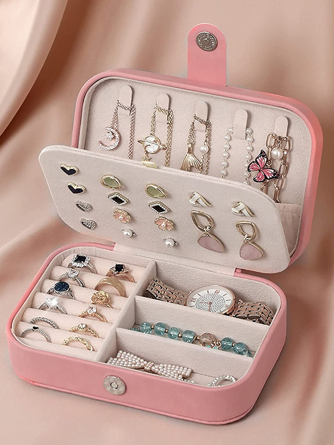 YouBella Jewellery Organiser PU Leather Zipper Portable Storage Box Case with Dividers Container for Rings, Earrings, Necklace Home Organizer, Pink (Style 2)